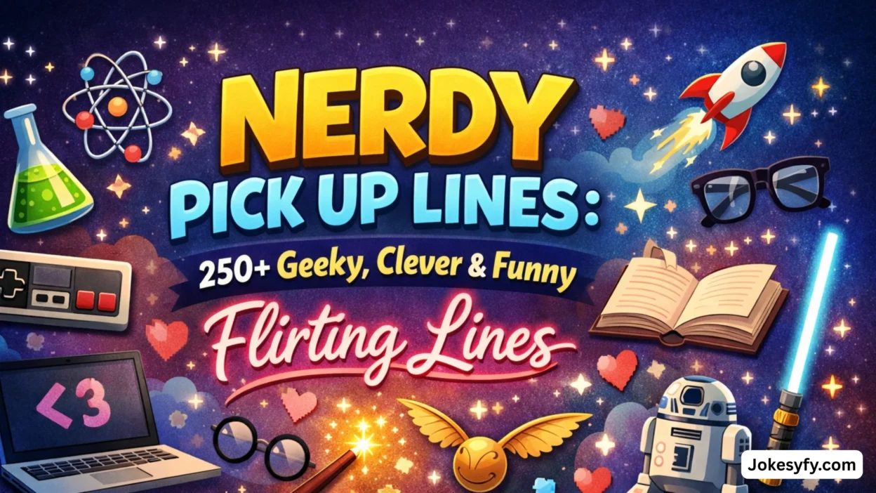 Nerdy pick up lines featured image with geeky icons and playful flirting design