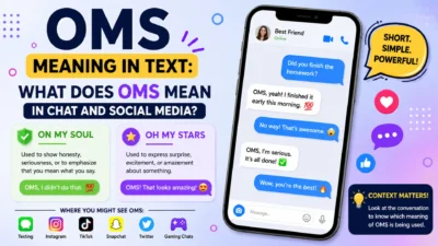 OMS meaning in text explained with chat examples, social media icons, and texting slang