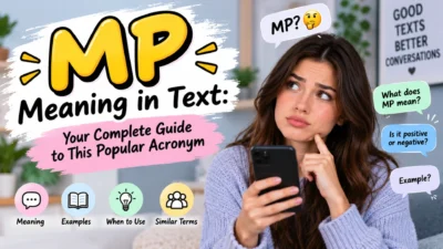 Woman checking her phone with MP meaning in text guide, chat bubbles, examples, and popular acronym questions
