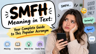 Woman looking annoyed at her phone with SMFH meaning in text guide and messaging acronym examples