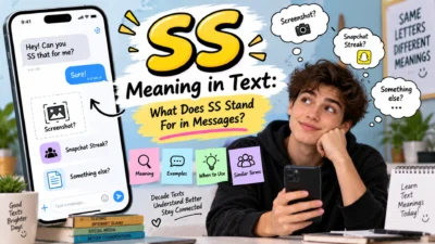 SS meaning in text guide with phone messages, screenshot and Snapchat streak examples, and a confused young man